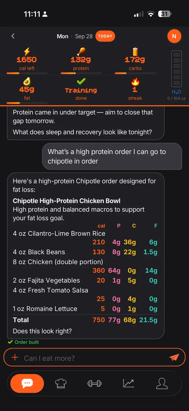 LFSTYL coach chat building a high-protein Chipotle order with color-coded macros