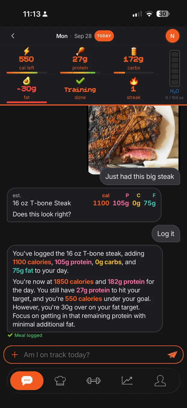 LFSTYL chat: a steak photo becomes a verified breakdown with a Log it confirmation