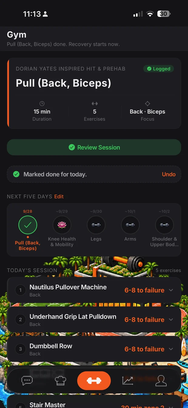 LFSTYL Gym tab: today's pull session and the next five days of the split
