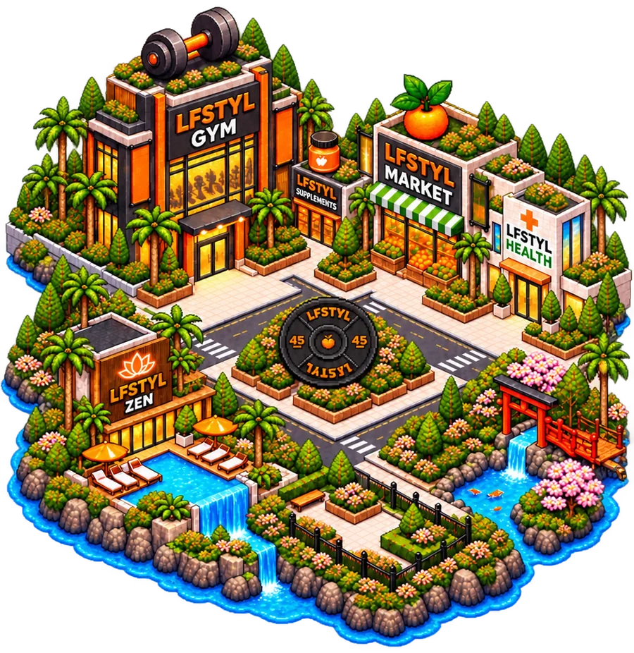The LFSTYL world: pixel-art island with a gym, market, health clinic and zen garden